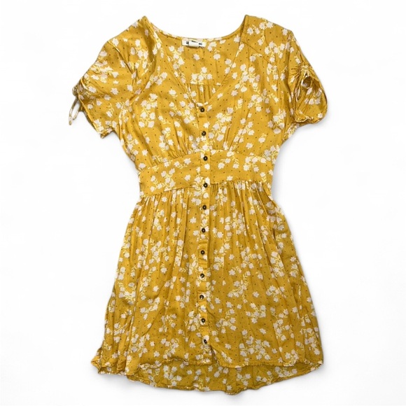 Women’s Billabong yellow floral dress w/ button front & ruched tie arm size S - Picture 2 of 5